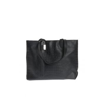 Geanta shopper neagra cu accesoriu lacat