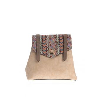 Rucsac bej cu clapeta multicolora in stil etnic