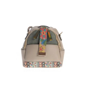 Rucsac casual bej cu imprimeu floral si tribal