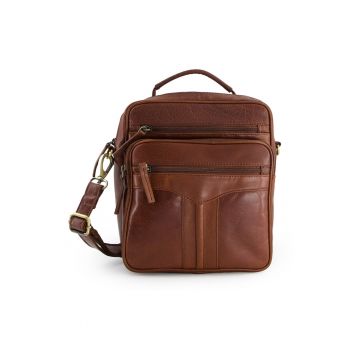 Geanta crossbody dama  piele naturala - maro - 25x22x10cm - 4 buzunare externe - curea detasabila max 140cm