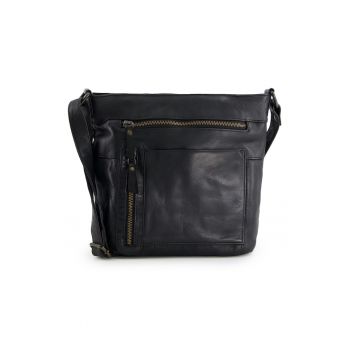 Geanta crossbody dama  piele naturala - neagra - 3 buzunare interioare - 4 buzunare exterioare - 26x30x9cm