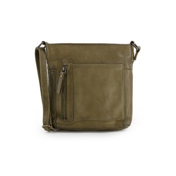 Geanta crossbody din piele naturala  verde - 21x19x6cm - 5 buzunare - curea max 145cm