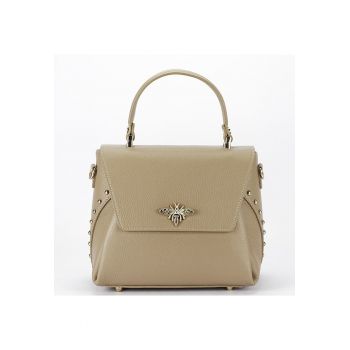 Geanta din piele naturala bej taupe cu brosa 1505A 123 18096