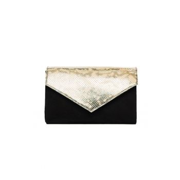 Geanta dama piele -  Plic one mic - velur negru cu sarpe bej auriu - 22x5x15 cm