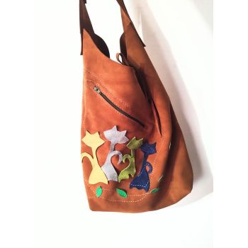 Geanta sac ,din piele naturala  camel intoarsa ,cu pisicute ieftina