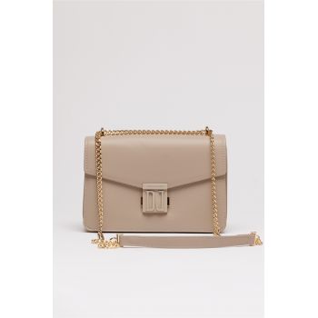 Geanta mica beige din piele ecologica cu lant auriu