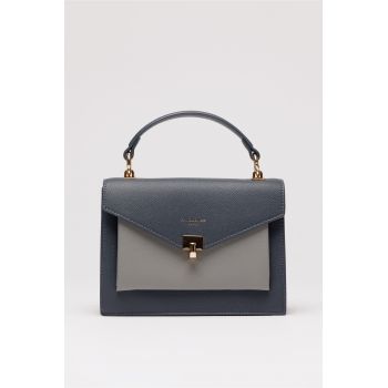 Geanta office mica din piele ecologica albastru petrol cu gri