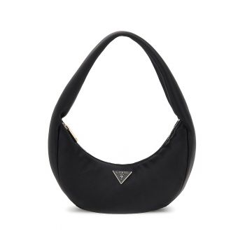 Geanta din material textil cu bareta de umar si logo metalic