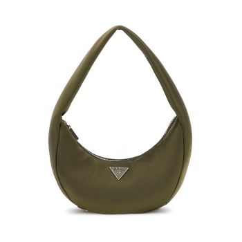 Geanta din material textil cu bareta de umar si logo metalic