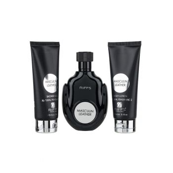 Set Cadou Masculin Leather Apa de Parfum 100ml + Gel De Dus 100ml + Lotiune de corp 100ml -
