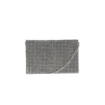 Clutch argintiu cu strasuri si lant metalic detasabil