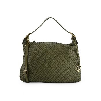 Geanta crossbody din piele naturala  verde - 40x51x9cm - cu 3 buzunare interioare - curea detasabila max 120cm