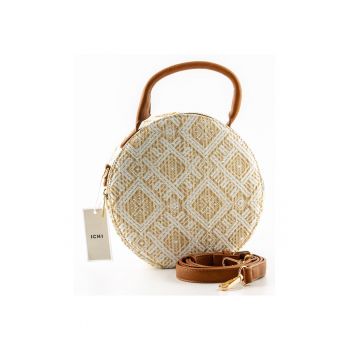 Geanta dama  Sativa - rotunda - bej si alb - 21x22cm