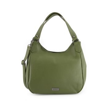 Geanta dama  shopper din piele naturala - verde - 28x30x12cm - cu 3 buzunare interioare - curea detasabila 119cm