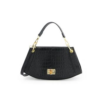 Geanta dama  Shopper - piele naturala - neagra - 16x29x9cm - cu manere detasabile - 1 buzunar interior