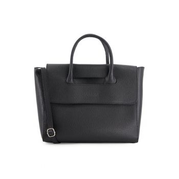 Geanta dama shopper -  piele naturala - neagra - 32x26x11cm - curea detasabila 110cm