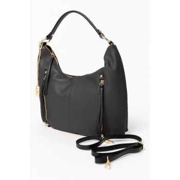 Geanta de piele cu bareta de umar si accesoriu logo