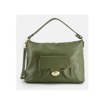 Geanta de umar  din piele naturala verde - cu detalii aurii - 28x45x13cm - curea detasabila max 117cm