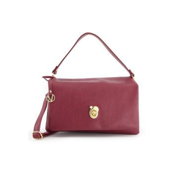 Geanta messenger dama  piele naturala - bordo - 30x18x18cm - cu curea detasabila - elemente metalice aurii