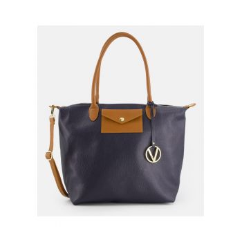 Geanta shopper din piele naturala  albastra - cu detalii aurii - dimensiuni 34x41x19cm - curea detasabila.