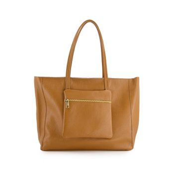 Geanta shopper  din piele naturala - maro - 37x29x13cm - cu un buzunar exterior