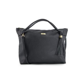 Geanta shopper din piele naturala -  neagra - 35x46x11cm - cu manere de 44cm - curea detasabila de 113cm