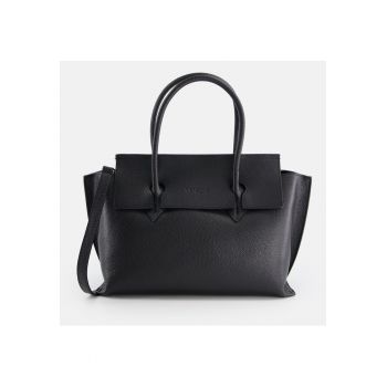 Geanta shopper  din piele naturala - neagra - 4 compartimente - dimensiuni 23x36x10cm - curea detasabila 111cm