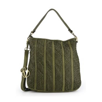 Geanta shopper din piele naturala -  verde - 37x35x12cm - cu 3 buzunare interioare - curea detasabila max. 122cm