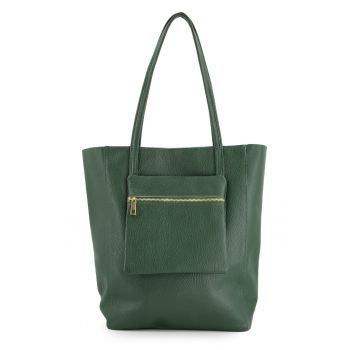Geanta shopper pentru femei -  piele naturala - verde - 37x27x13cm - cu un buzunar exterior