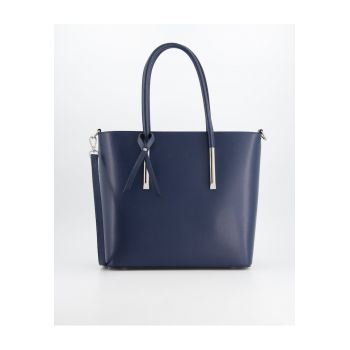 Geanta shopper  piele naturala - albastru - 29x30x12cm - 3 compartimente interioare - curea detasabila 121cm
