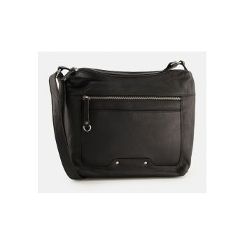 Geanta messenger dama  piele naturala - 3 compartimente interioare - negru - 27x24x10cm