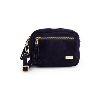 Geanta messenger  din piele intoarsa albastra - cu franjuri - 14x20x7cm - curea detasabila max 129cm