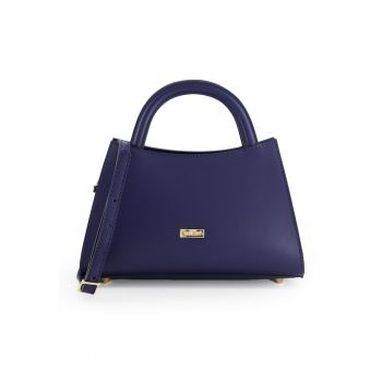 Geanta de dama  Bucket din piele naturala albastra - 17x27x10cm - cu curea detasabila de 134cm - elemente metalice aurii