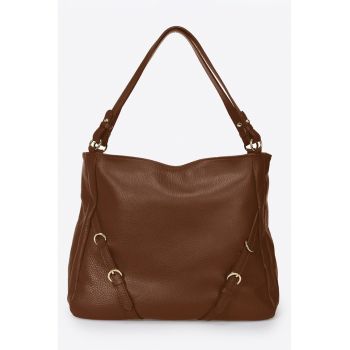 Geanta de piele cu bareta de umar si barete decorative