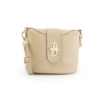 Geanta de umar -  model Crossbody - piele naturala - bej - 18x20x9cm - curea detasabila max 138cm