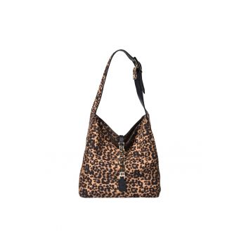 Geanta din piele intoarsa cu bareta de umar si model animal print