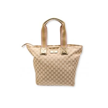 Geanta  GG Canvas Tote - bej - 28x44x31cm - design clasic - detalii din piele naturala
