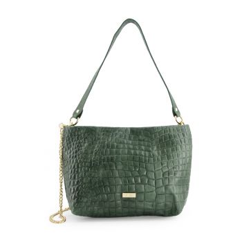 Geanta messenger dama  piele intoarsa - verde - 20x30x11cm - cu lant auriu - curea detasabila 111cm