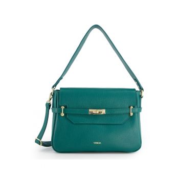 Geanta messenger din piele naturala verde -  31x22x12cm - cu 3 buzunare interioare - curea detasabila 117cm