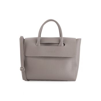 Geanta shopper din piele naturala -  gri - 32x26x11cm - cu curea detasabila - 2 buzunare interioare