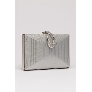 Clutch elegant argintiu cu design geometric