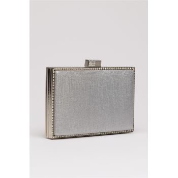 Clutch elegant argintiu cu pietricele stralucitoare