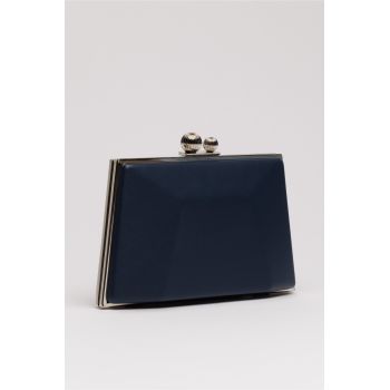 Clutch elegant bleumarin cu rama metalica