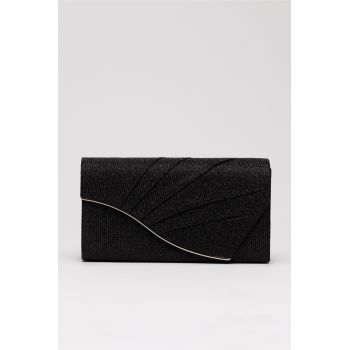 Clutch elegant negru cu pliuri si glitter