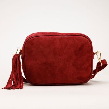 Geanta crossbody bordo din piele intoarsa naturala, cu ciucure din piele