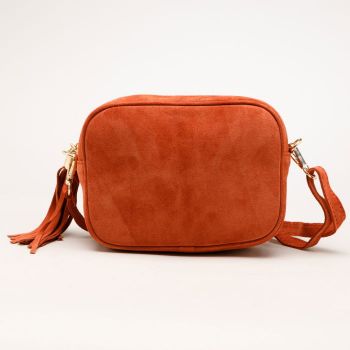 Geanta crossbody caramizie din piele intoarsa naturala, cu ciucure din piele