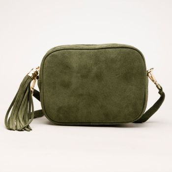 Geanta crossbody kaki din piele intoarsa naturala, cu ciucure din piele