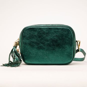 Geanta crossbody  verde inchis metalizat din piele naturala, cu ciucure din piele