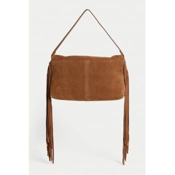 Geanta din piele intoarsa cu maner si franjuri