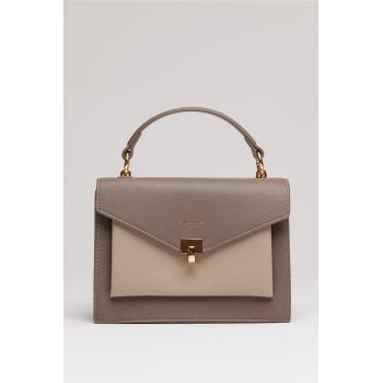 Geanta office mica din piele ecologica gri cu beige